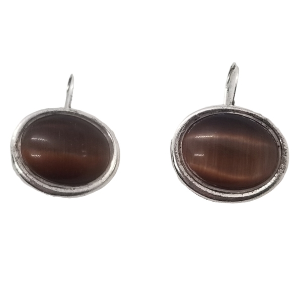 VINTAGE STERLING SILVER & TIGERS EYE CABACHON HOOK DROP STYLE EARRINGS - Picture 4 of 5